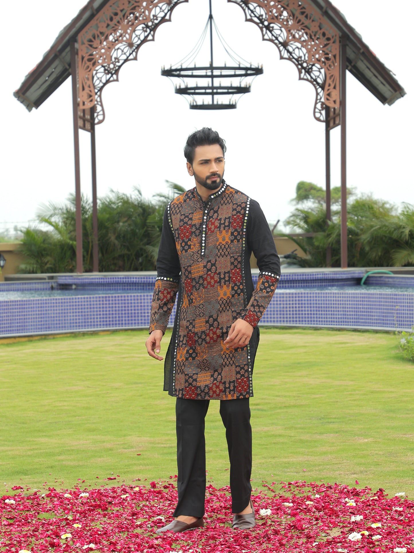 Black Multi-Color Patchwork Ethnic Print Kurta