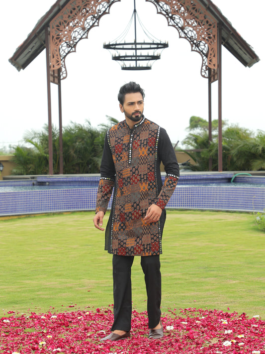 Black Multi-Color Patchwork Ethnic Print Kurta