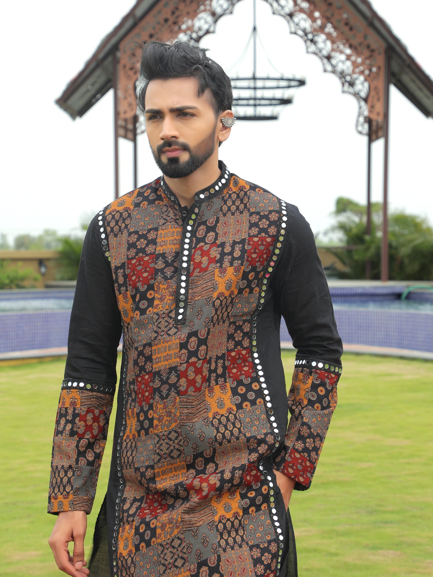 Black Multi-Color Patchwork Ethnic Print Kurta