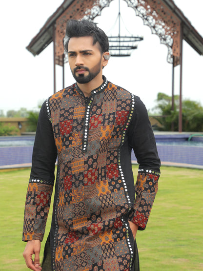 Black Multi-Color Patchwork Ethnic Print Kurta