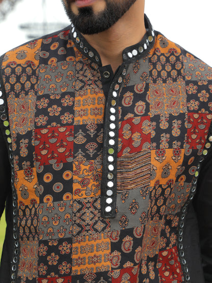 Black Multi-Color Patchwork Ethnic Print Kurta