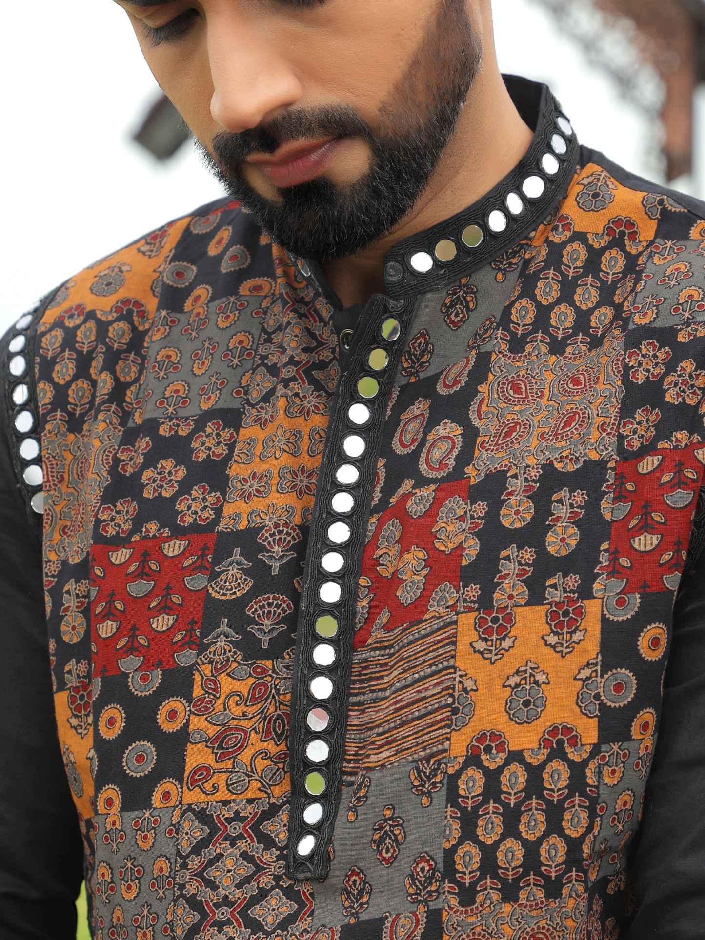 Black Multi-Color Patchwork Ethnic Print Kurta