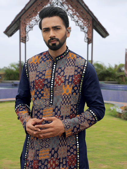 Blue Multi-Color Patchwork Ethnic Print Kurta