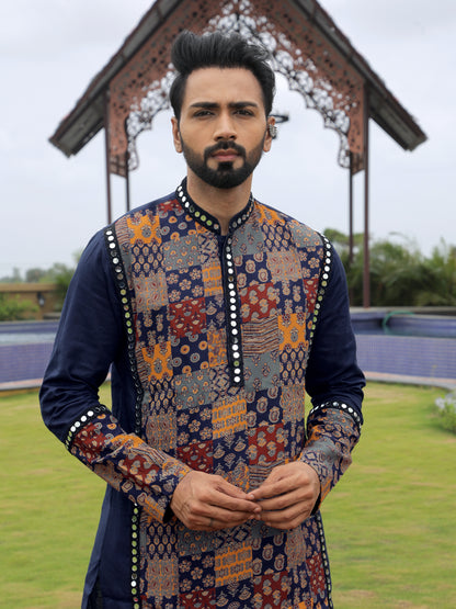 Blue Multi-Color Patchwork Ethnic Print Kurta
