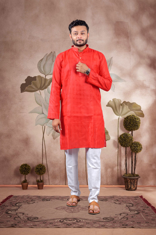 Red Solid Cotton Kurta