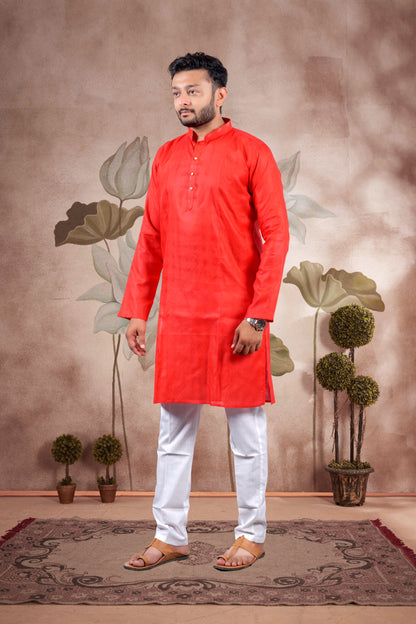 Red Solid Cotton Kurta
