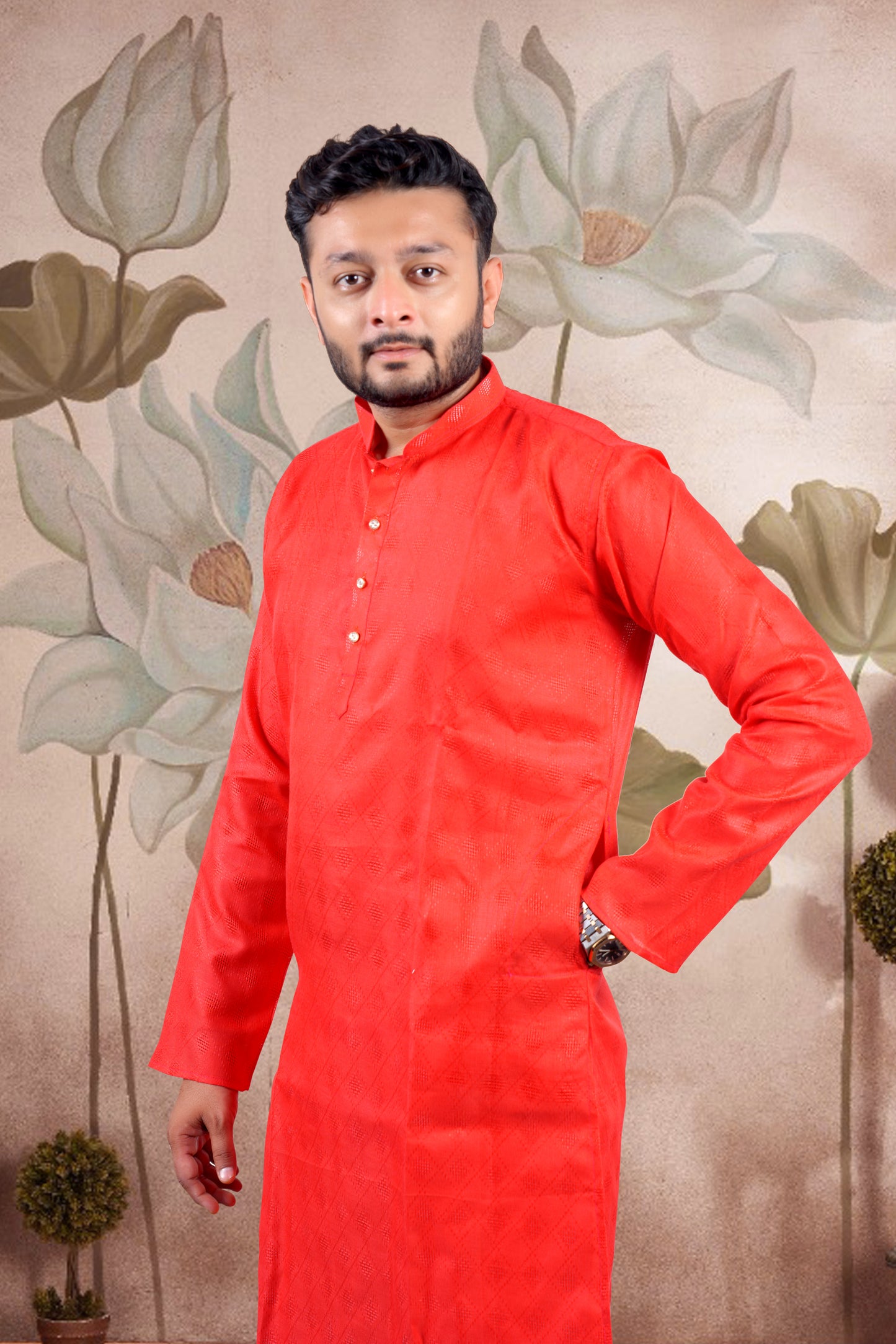 Red Solid Cotton Kurta