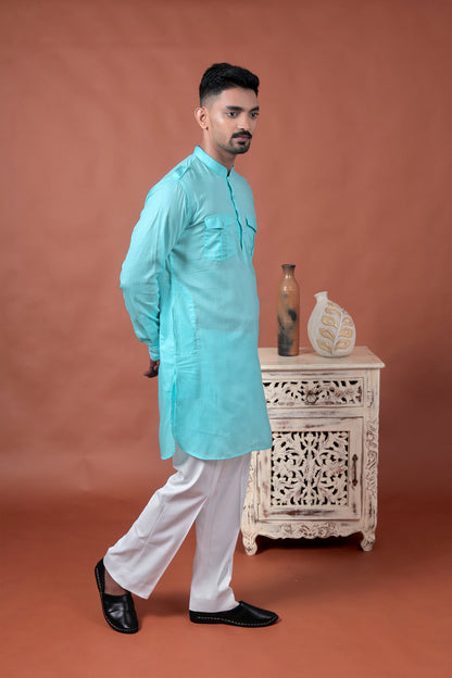Sky Blue Long Kurta with Flap Pockets & Epaulettes