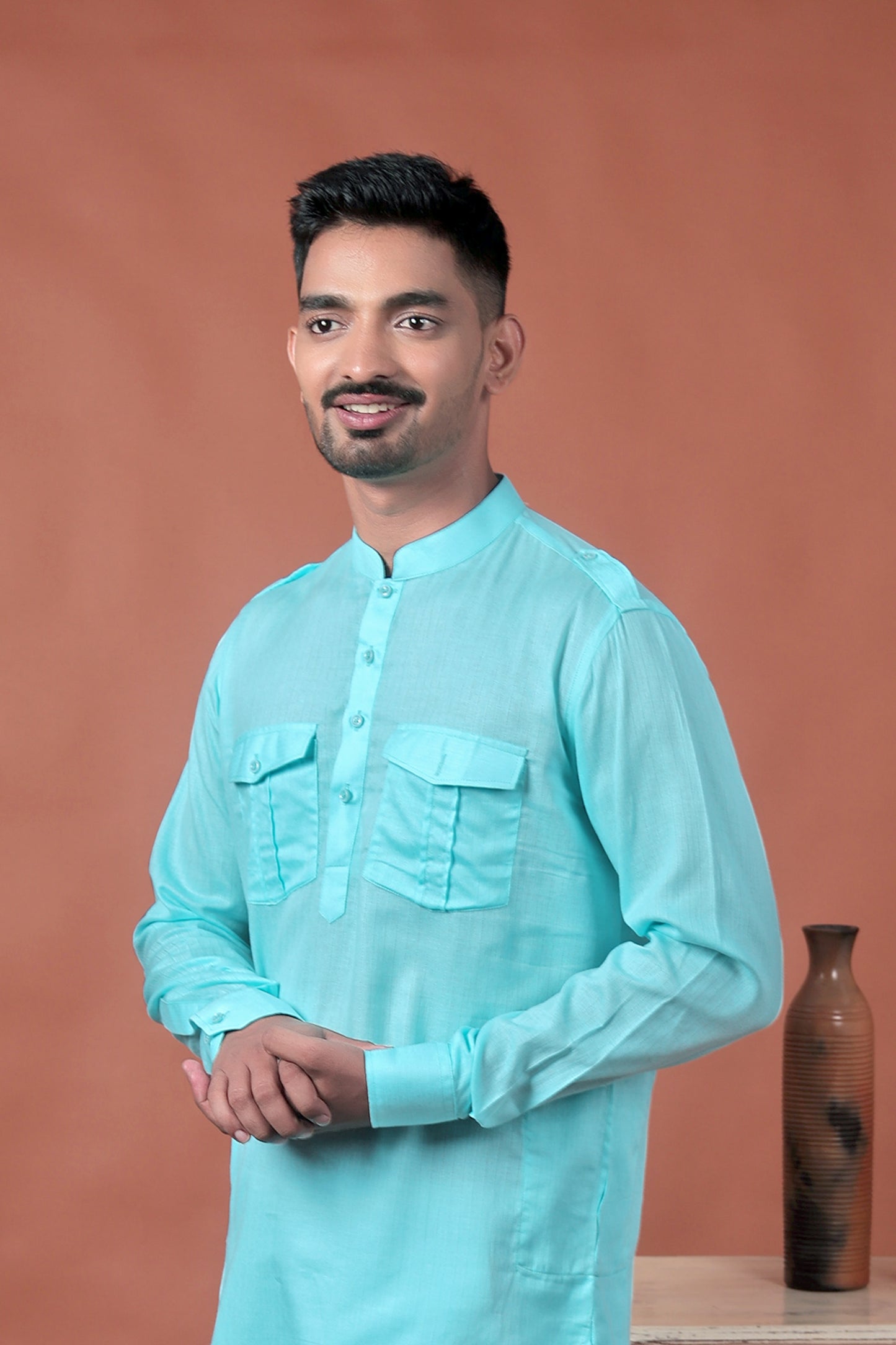 Sky Blue Long Kurta with Flap Pockets & Epaulettes
