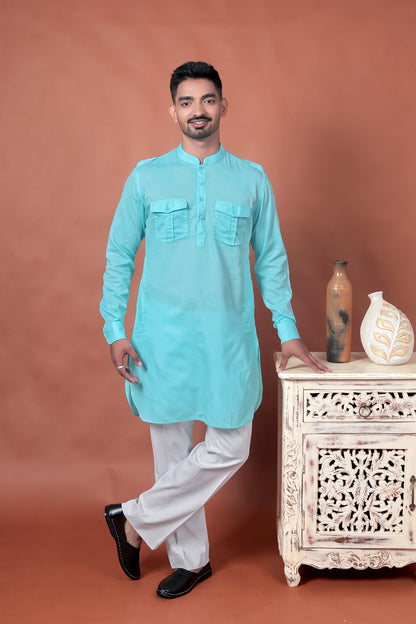 Sky Blue Long Kurta with Flap Pockets & Epaulettes