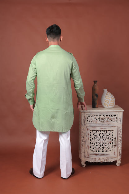 Green Long Kurta with Flap Pockets & Epaulettes