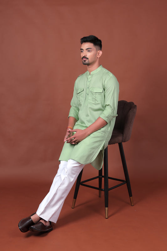 Green Long Kurta with Flap Pockets & Epaulettes