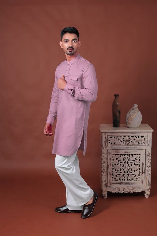 Purple Long Kurta with Flap Pockets & Epaulettes