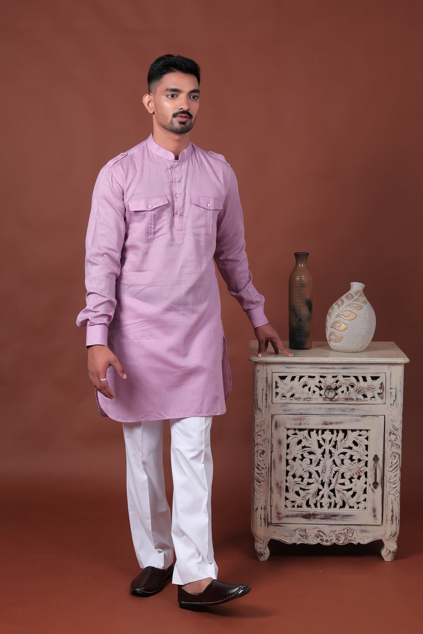 Purple Long Kurta with Flap Pockets & Epaulettes