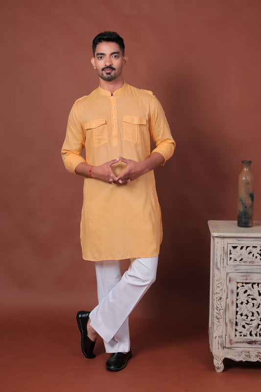 Yellow Long Kurta with Flap Pockets & Epaulettes