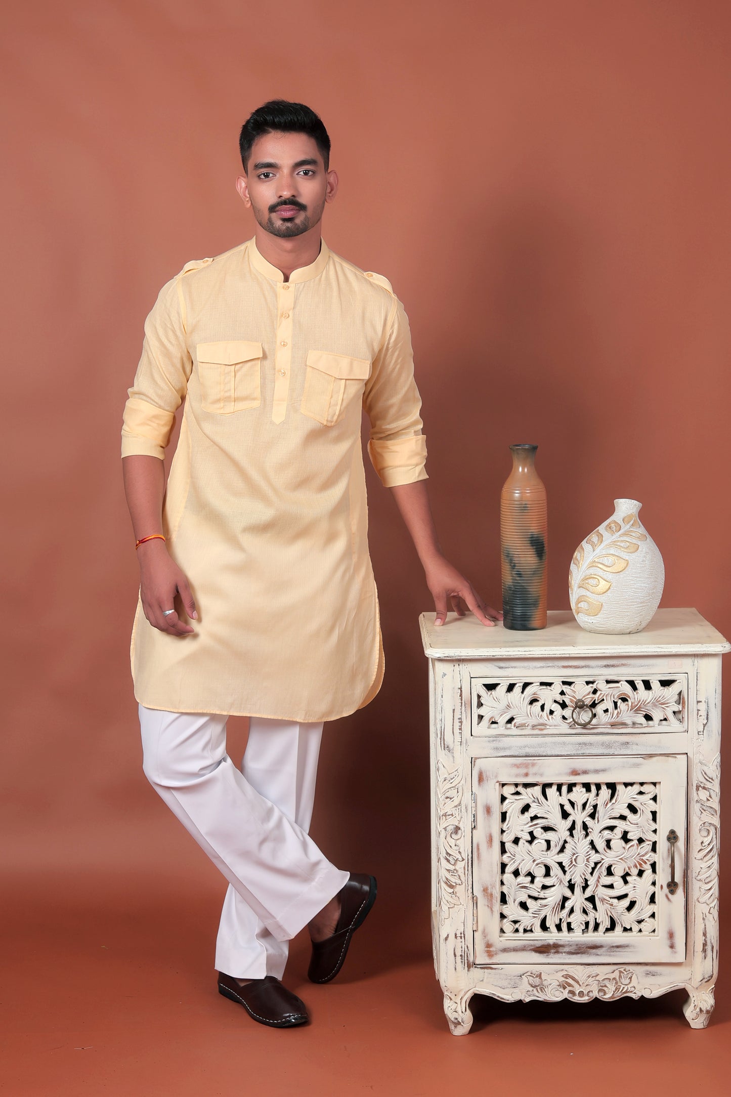 Lime Green Long Kurta with Flap Pockets & Epaulettes