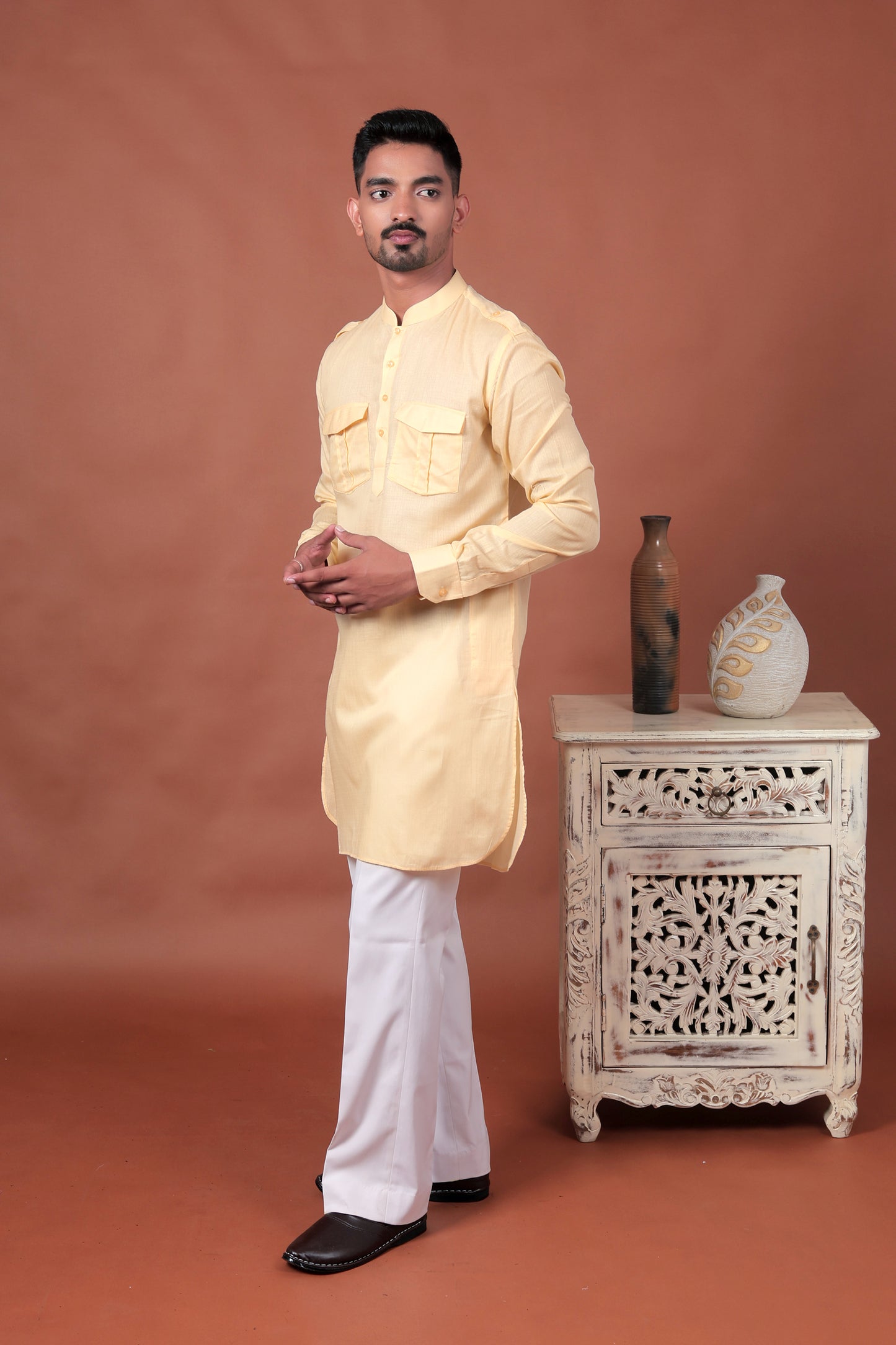 Lime Green Long Kurta with Flap Pockets & Epaulettes