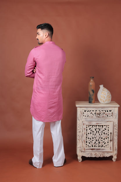 Pink Long Kurta with Flap Pockets & Epaulettes
