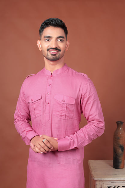 Pink Long Kurta with Flap Pockets & Epaulettes