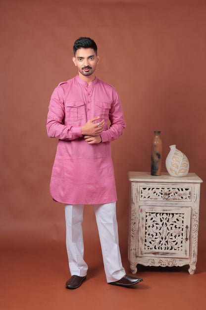 Pink Long Kurta with Flap Pockets & Epaulettes