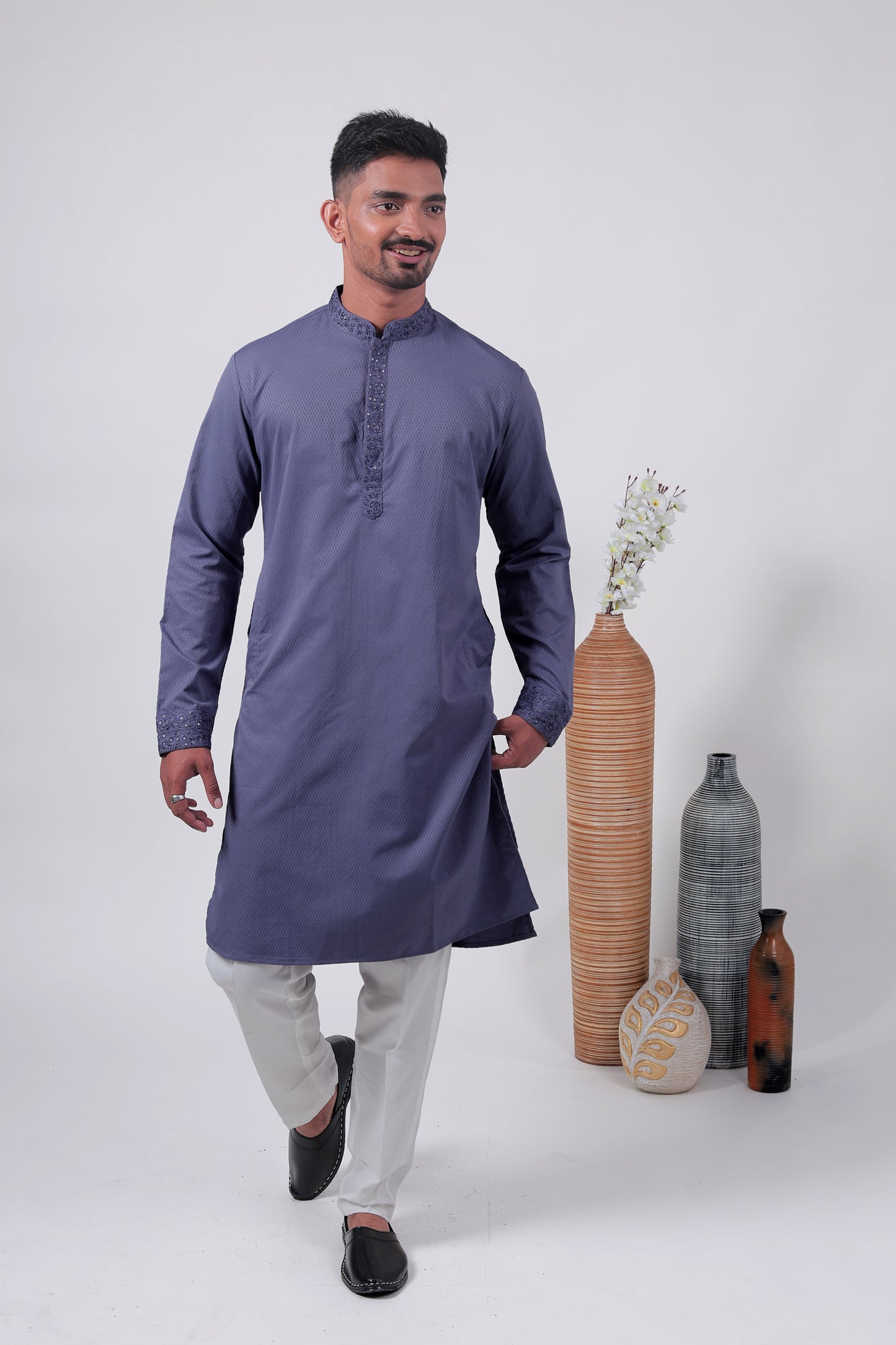 Purple Self-Textured Cotton Silk Long Kurta with Embroidered Detailing