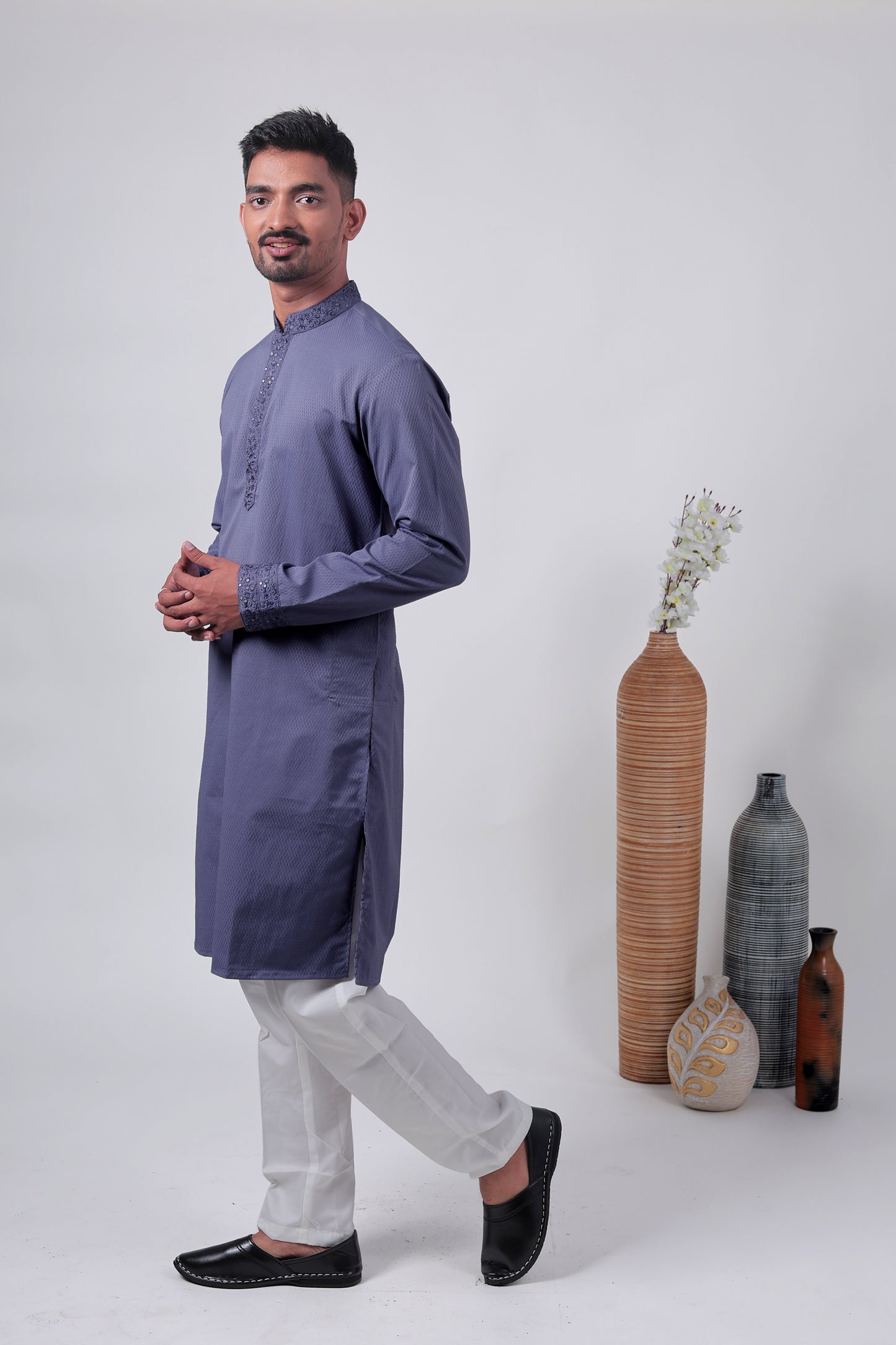 Purple Self-Textured Cotton Silk Long Kurta with Embroidered Detailing