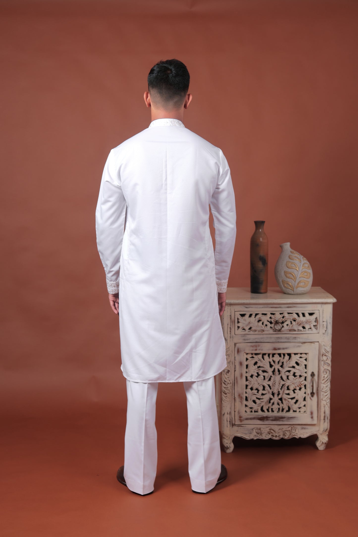 White Self-Textured Cotton Silk Long Kurta with Embroidered Details