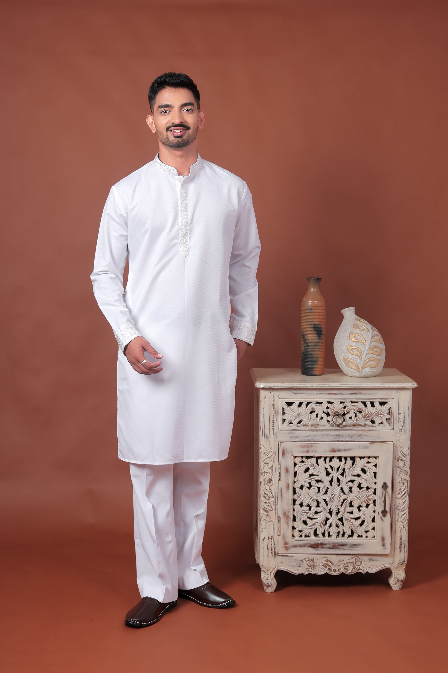 White Self-Textured Cotton Silk Long Kurta with Embroidered Details