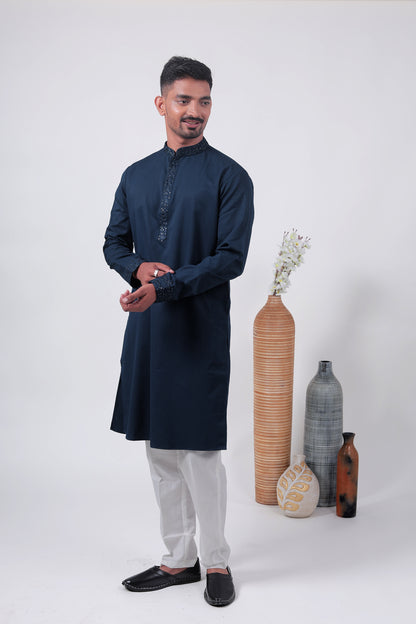 Blue Self-Textured Cotton Silk Long Kurta with Embroidered Details
