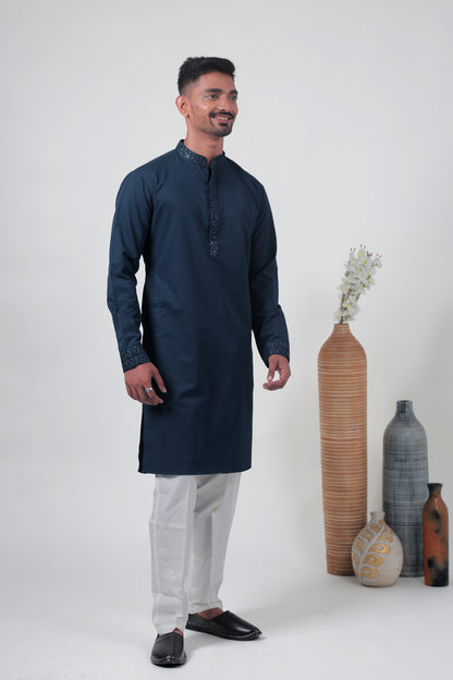 Blue Self-Textured Cotton Silk Long Kurta with Embroidered Details