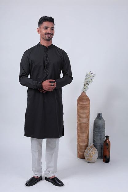 Black Self-Textured Cotton Silk Long Kurta with Embroidered Details