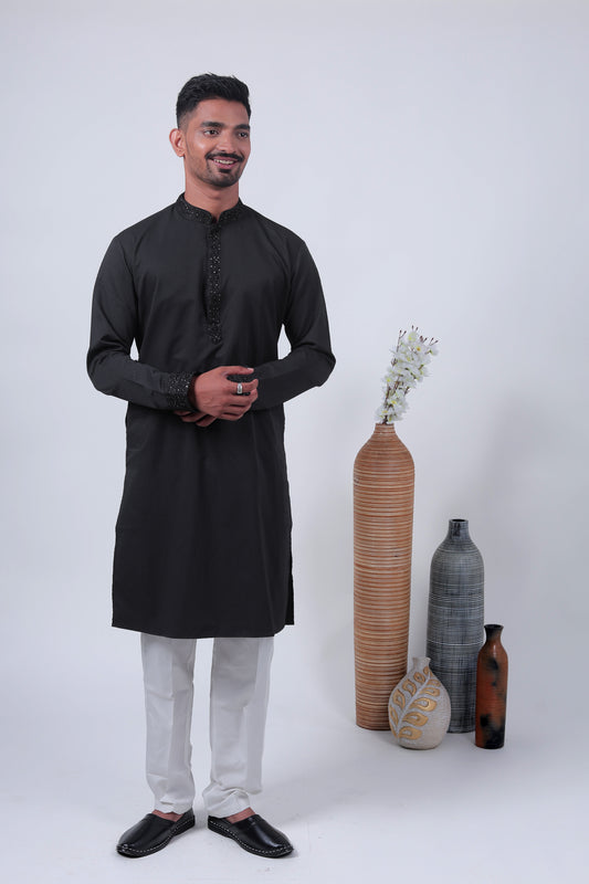 Black Self-Textured Cotton Silk Long Kurta with Embroidered Details