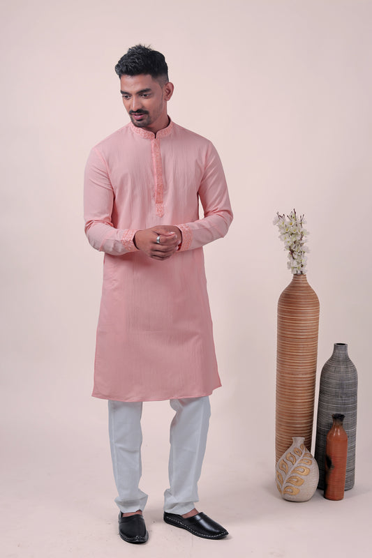Peach Self-Textured Cotton Silk Long Kurta with Embroidered Detailing