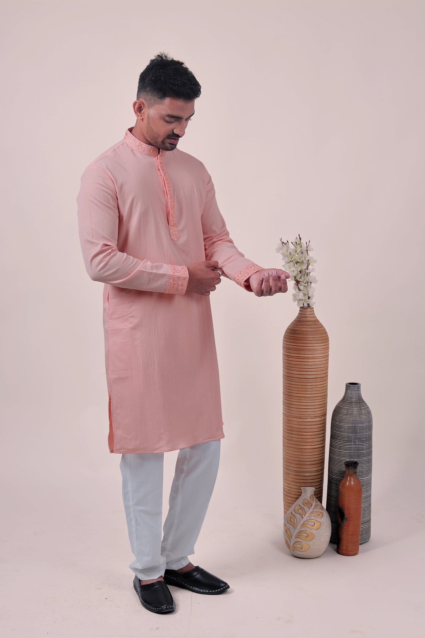 Peach Self-Textured Cotton Silk Long Kurta with Embroidered Detailing