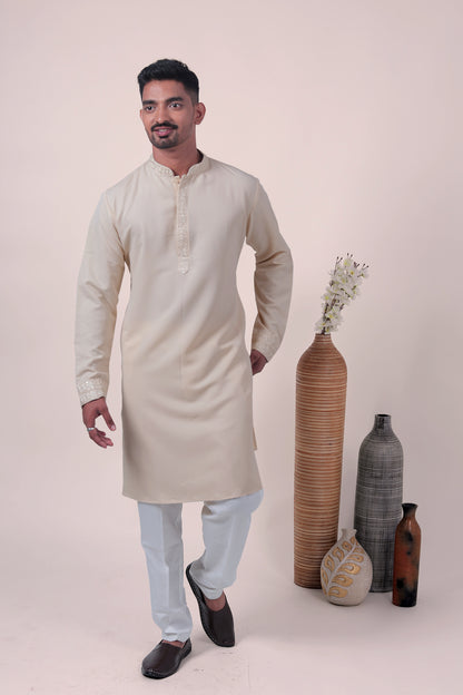Cream Self-Textured Cotton Silk Long Kurta with Embroidered Detailing