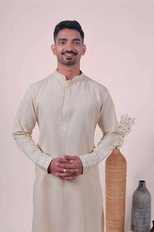 Cream Self-Textured Cotton Silk Long Kurta with Embroidered Detailing