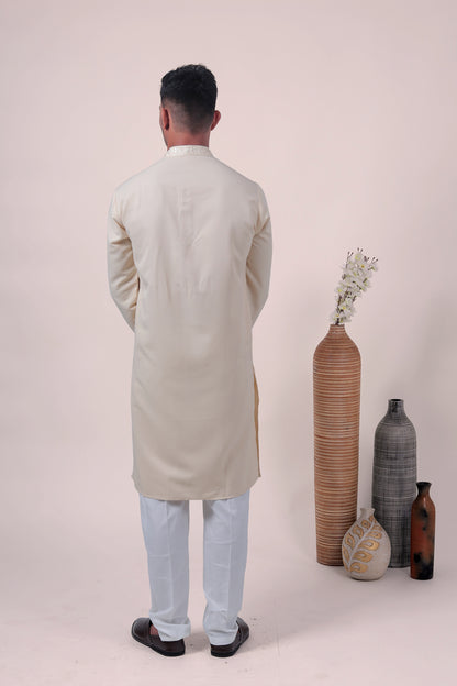 Cream Self-Textured Cotton Silk Long Kurta with Embroidered Detailing