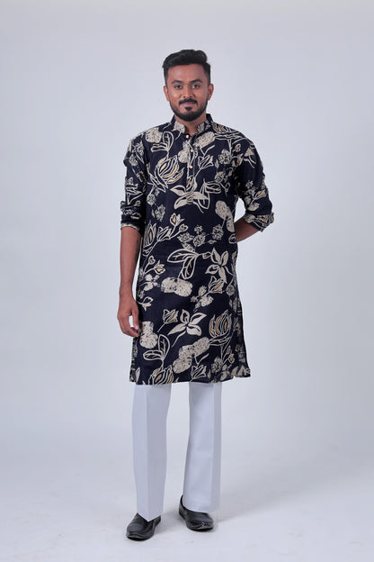 Navy Floral Foil Print Cotton Silk Long Kurta