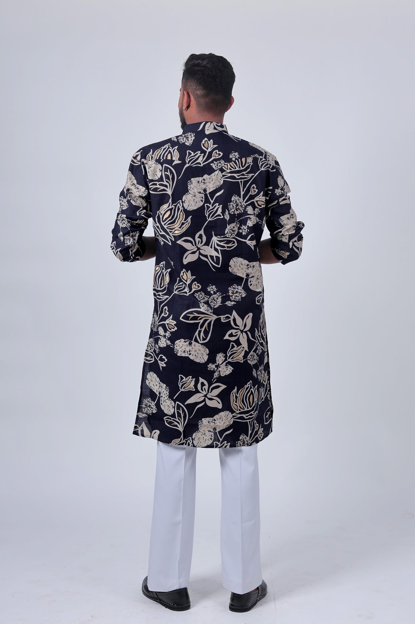 Navy Floral Foil Print Cotton Silk Long Kurta