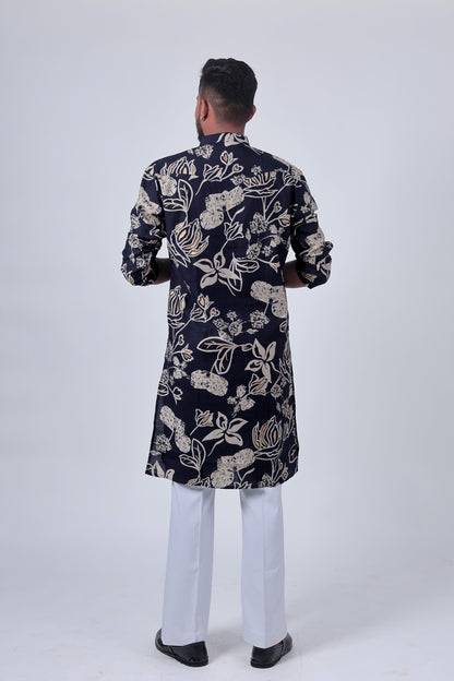Navy Floral Foil Print Cotton Silk Long Kurta