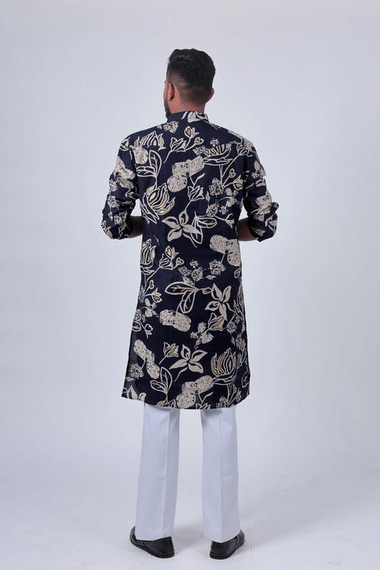 Navy Floral Foil Print Cotton Silk Long Kurta