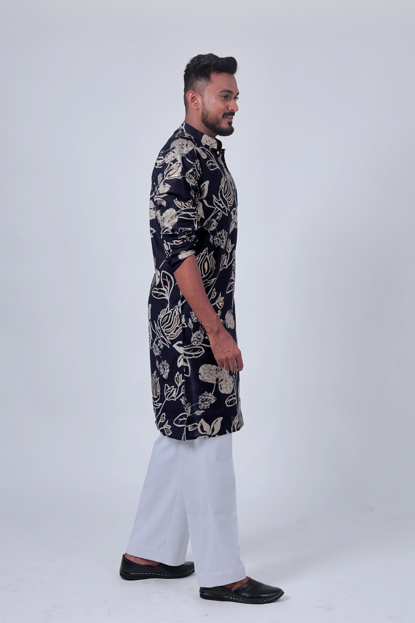 Navy Floral Foil Print Cotton Silk Long Kurta