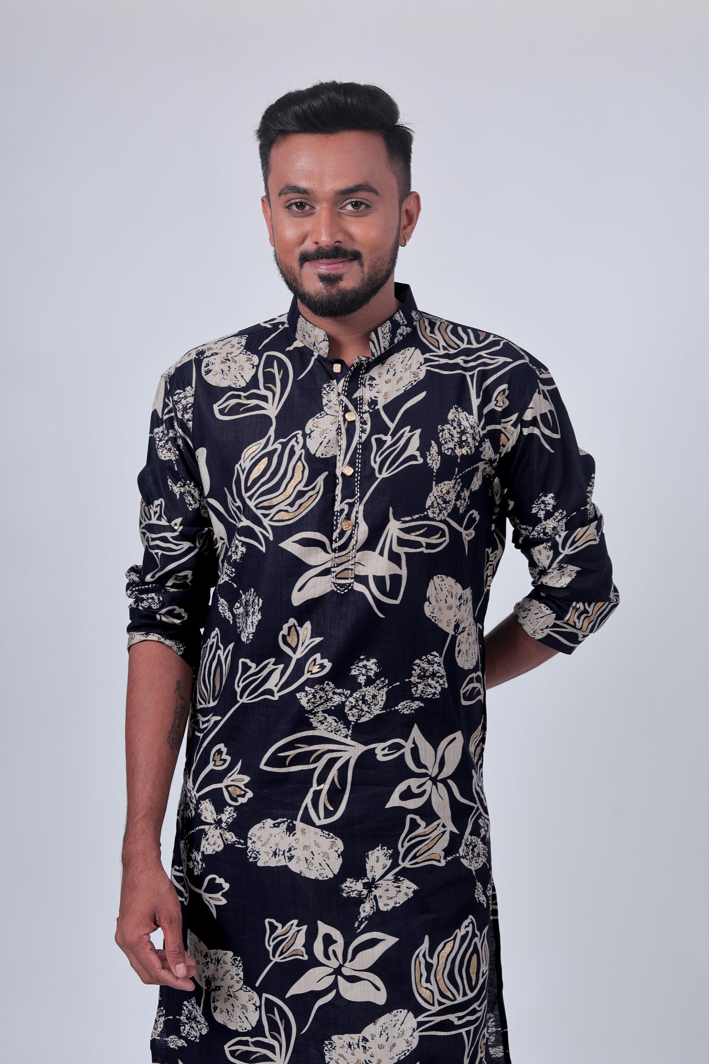 Navy Floral Foil Print Cotton Silk Long Kurta