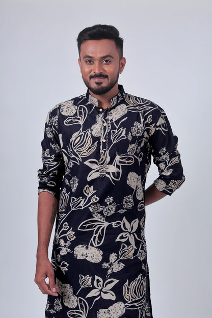 Navy Floral Foil Print Cotton Silk Long Kurta