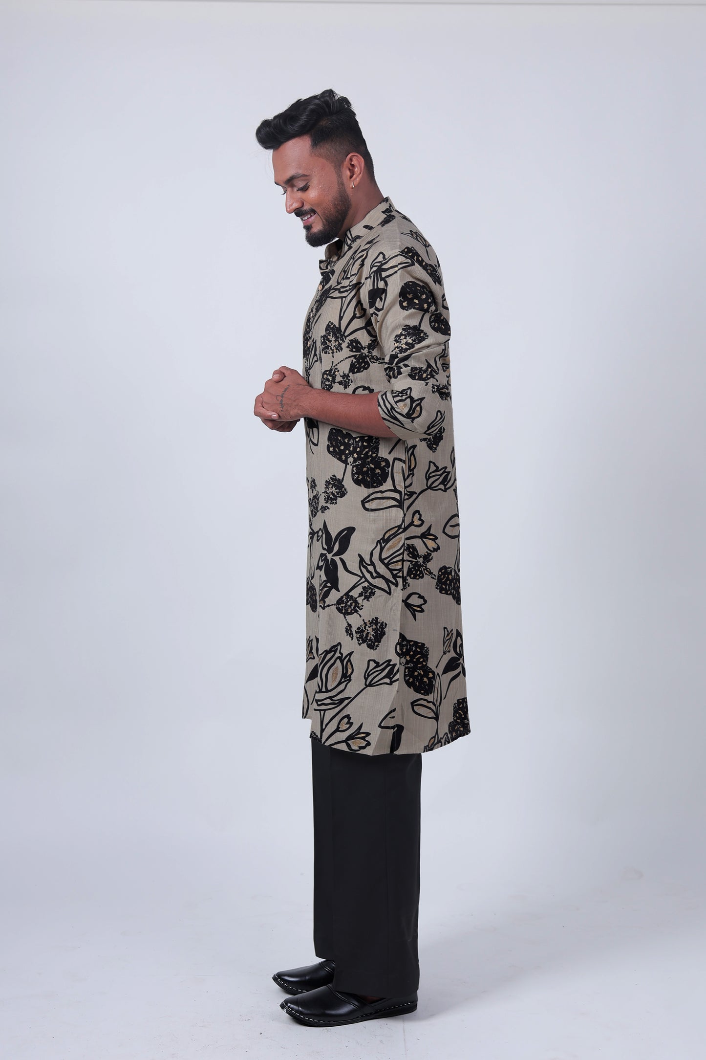 Cream Floral Foil Print Cotton Silk Long Kurta