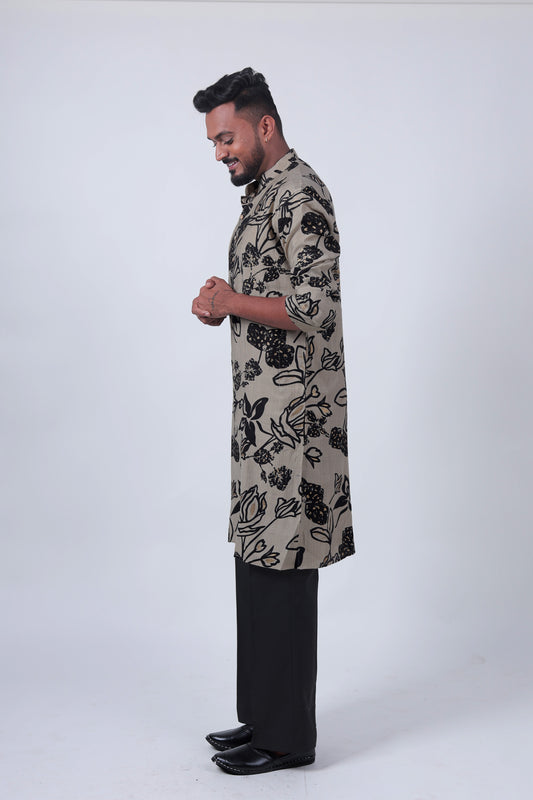 Cream Floral Foil Print Cotton Silk Long Kurta