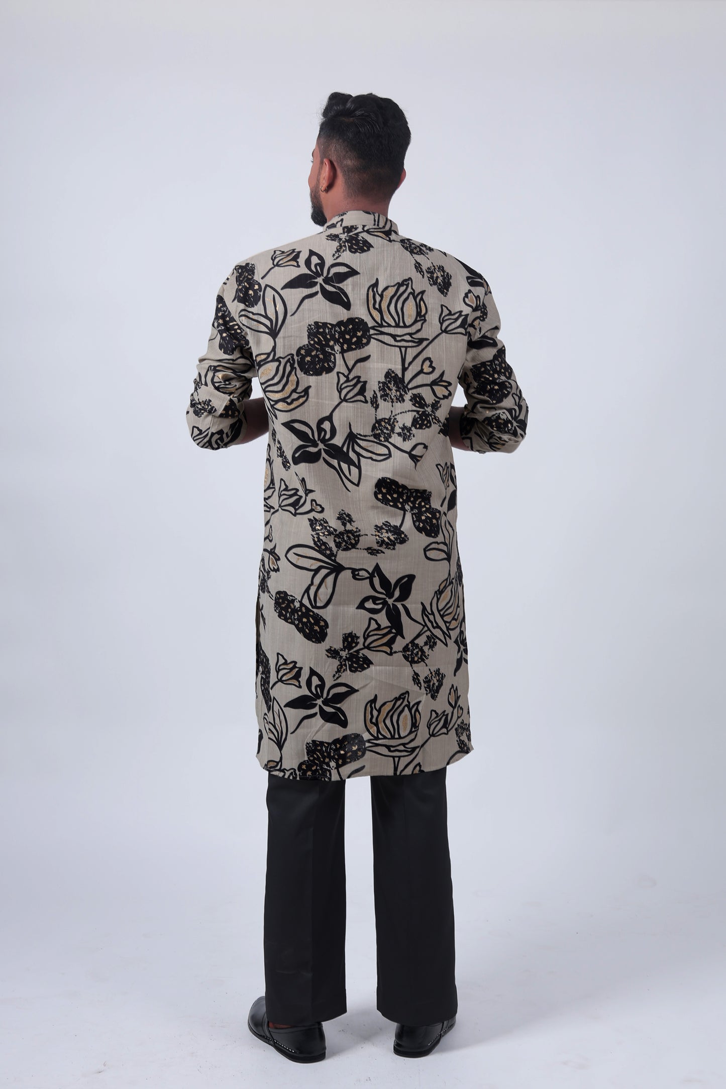 Cream Floral Foil Print Cotton Silk Long Kurta