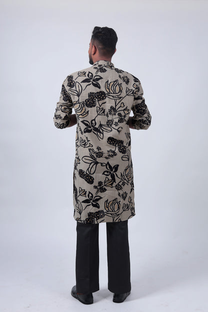 Cream Floral Foil Print Cotton Silk Long Kurta