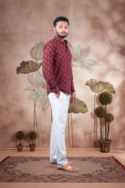 Maroon Ajrakh Digital Print Cotton Short Kurta