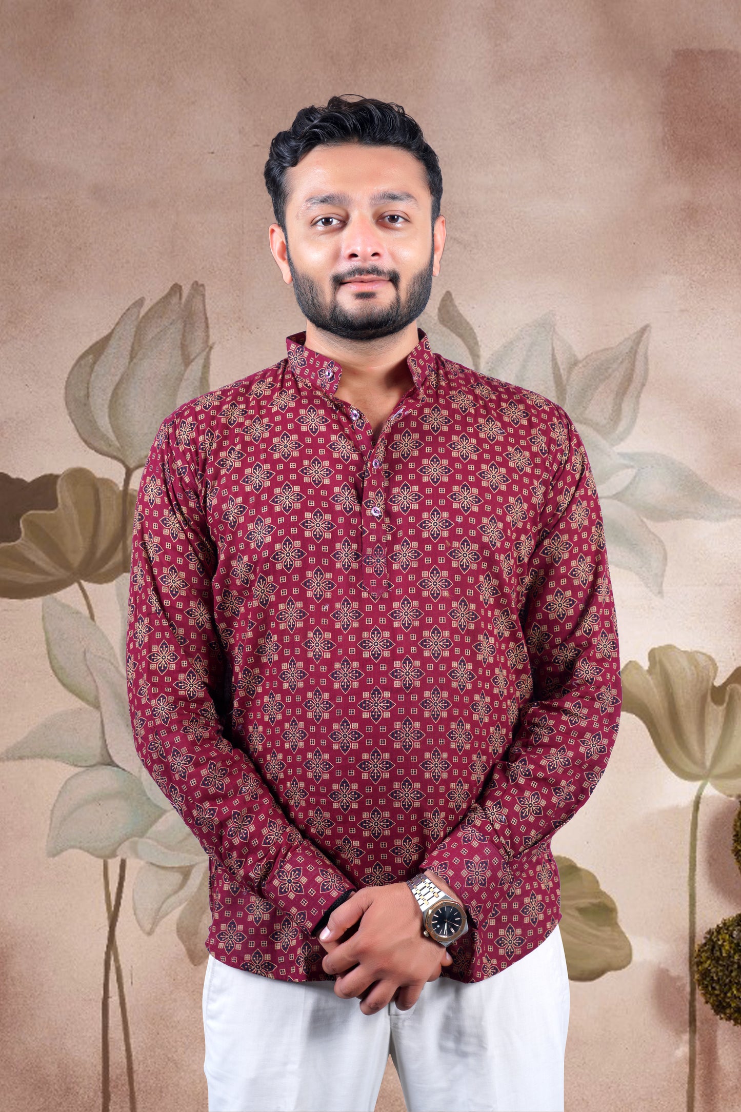 Maroon Ajrakh Digital Print Cotton Short Kurta